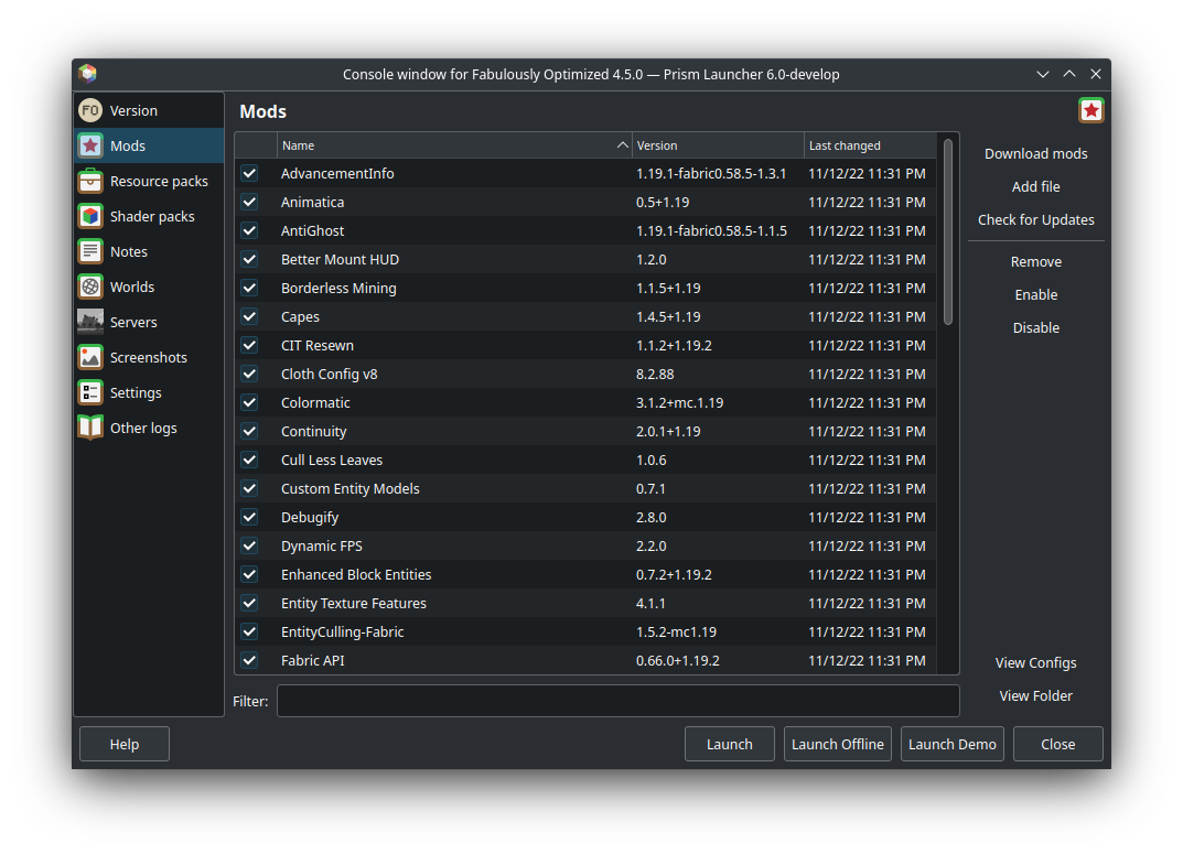 Prism Mods list populated with installed mods