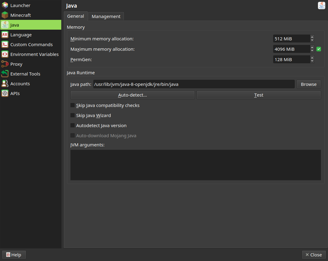 Prism Java settings with Test control